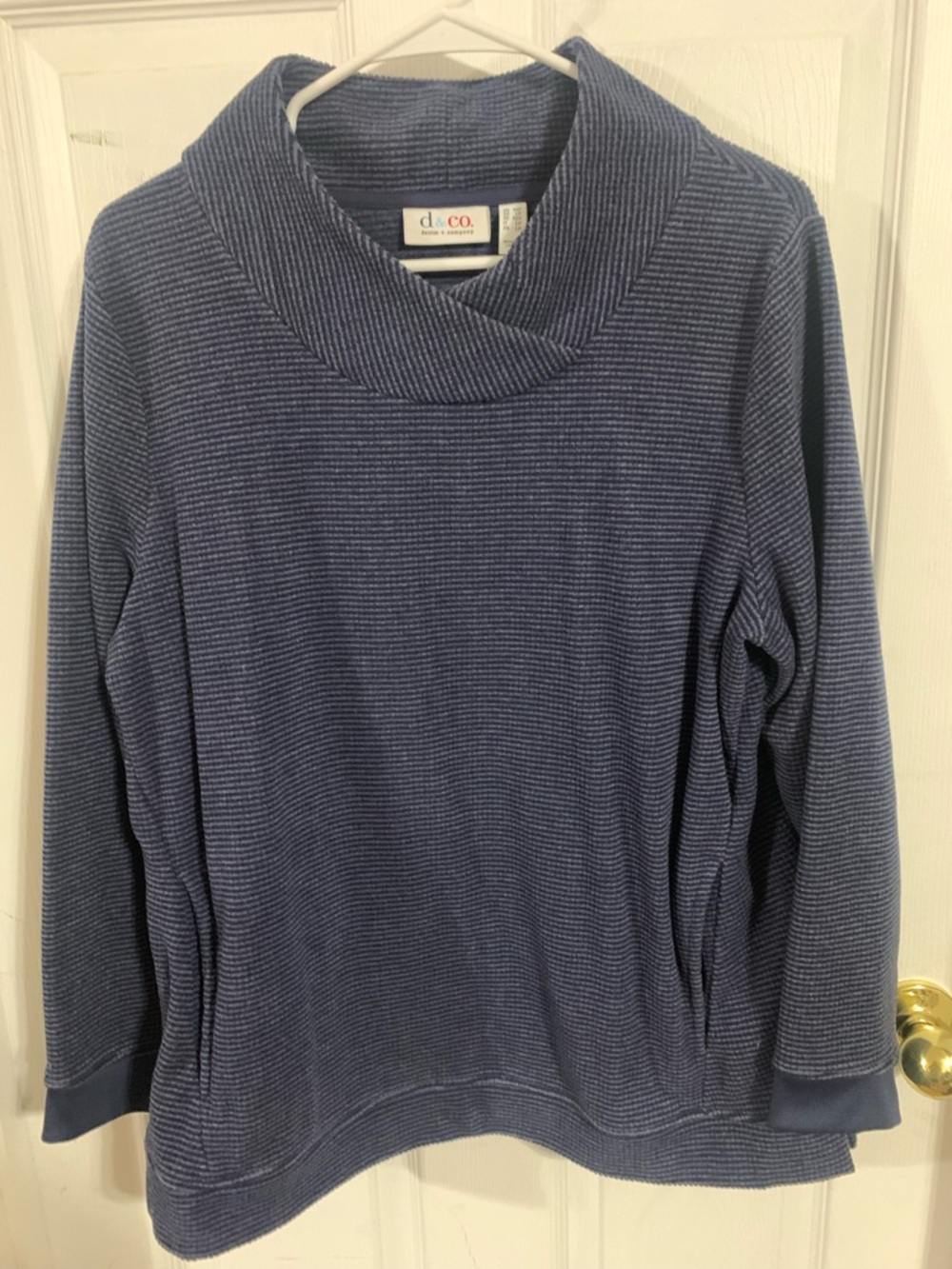 Denim&Co Blue Ribbed Cowl Neck Pullover